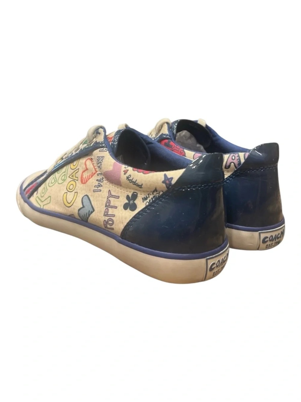 Coach Barrett Poppy Floral canvas sneakers with a blue and white graffiti SZ 8.5